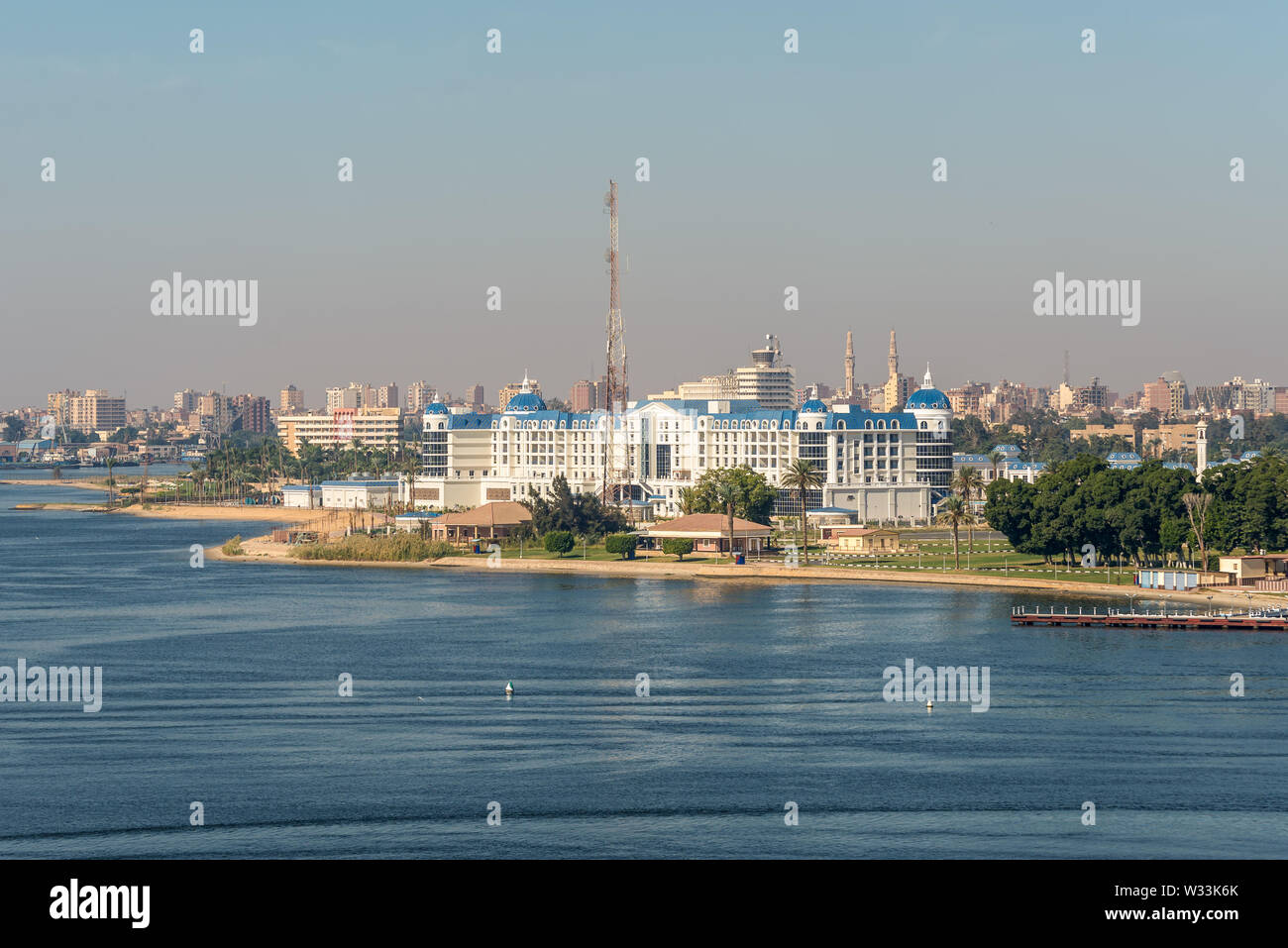 Ismailia, Egypt - November 5, 2017: Tolip El Forsan Hotel on the Lake Timsah lies along the path of the Suez canal, Ismailia, Egypt, Africa. Stock Photo