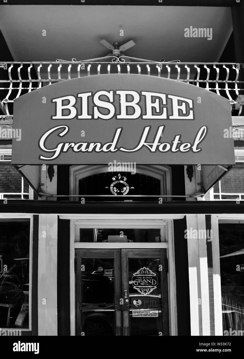 Close up of the distinctive awing over the entrance to the historic Bisbee Grand Hotel in the heart of small town America, Bisbee, AZ, USA Stock Photo