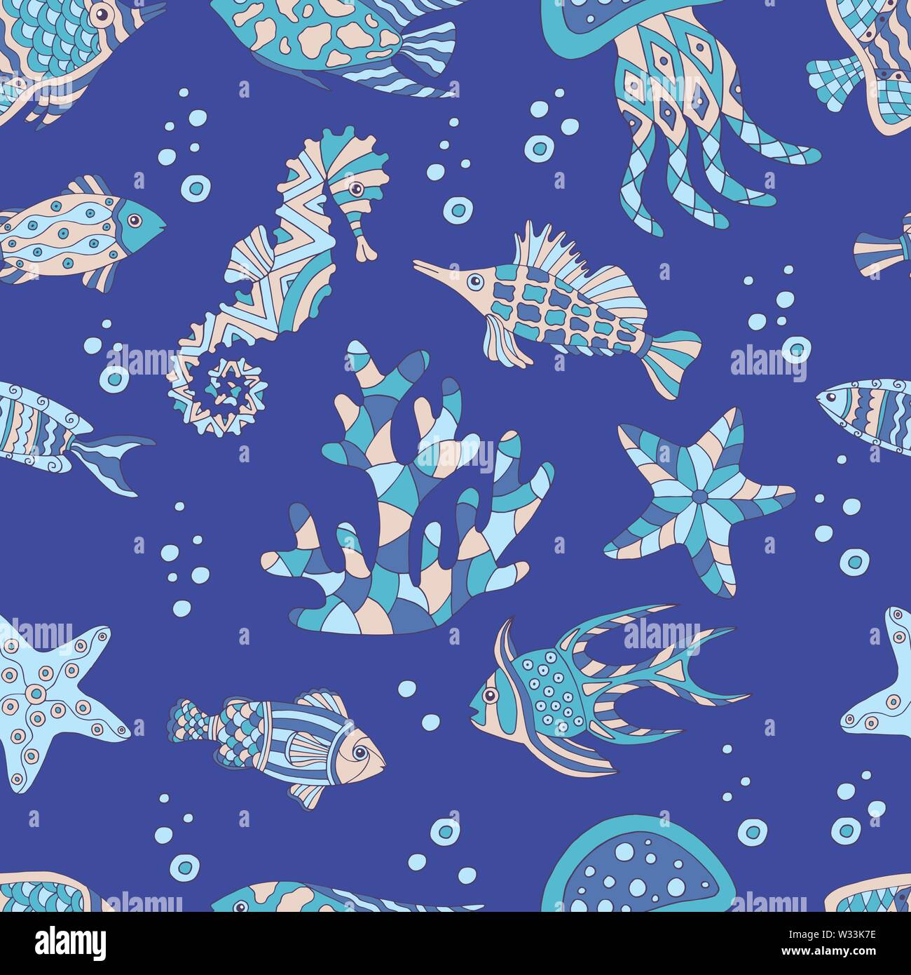 Cute abstract seamless pattern with sea fish, starfish, coral, seahorse ...