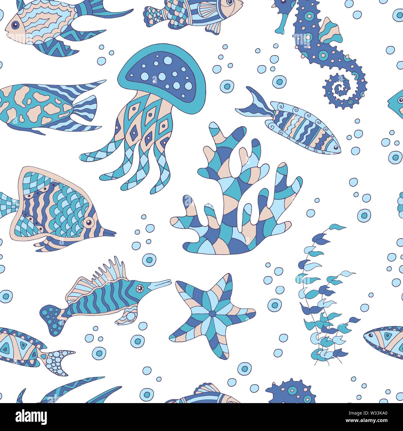 Cute abstract seamless pattern with sea fish, starfish, coral, seahorse ...