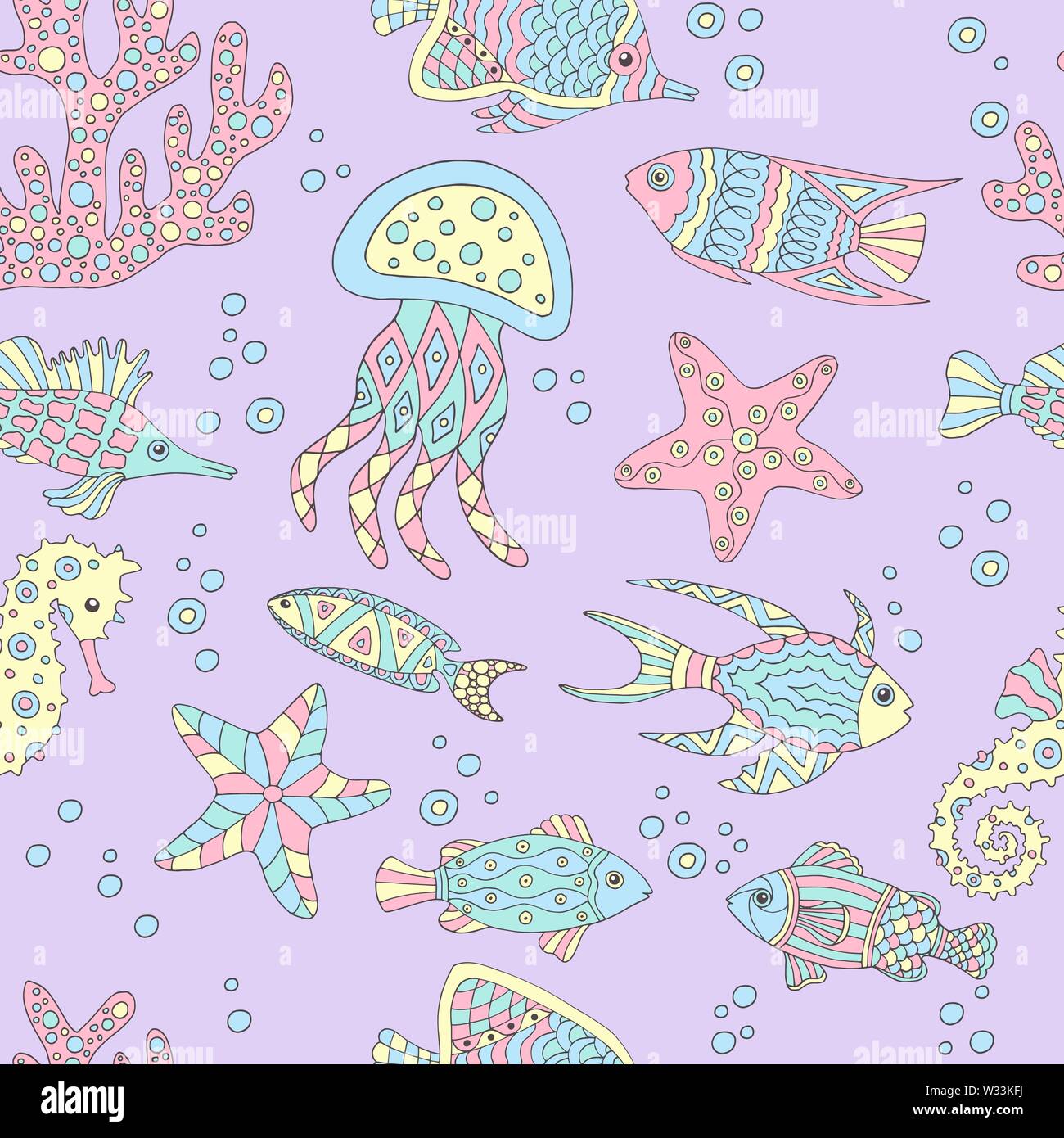 Cute abstract seamless pattern with sea fish, starfish, coral, seahorse ...