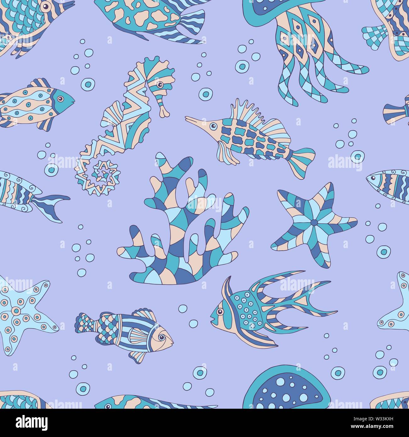 Cute abstract seamless pattern with sea fish, starfish, coral, seahorse ...