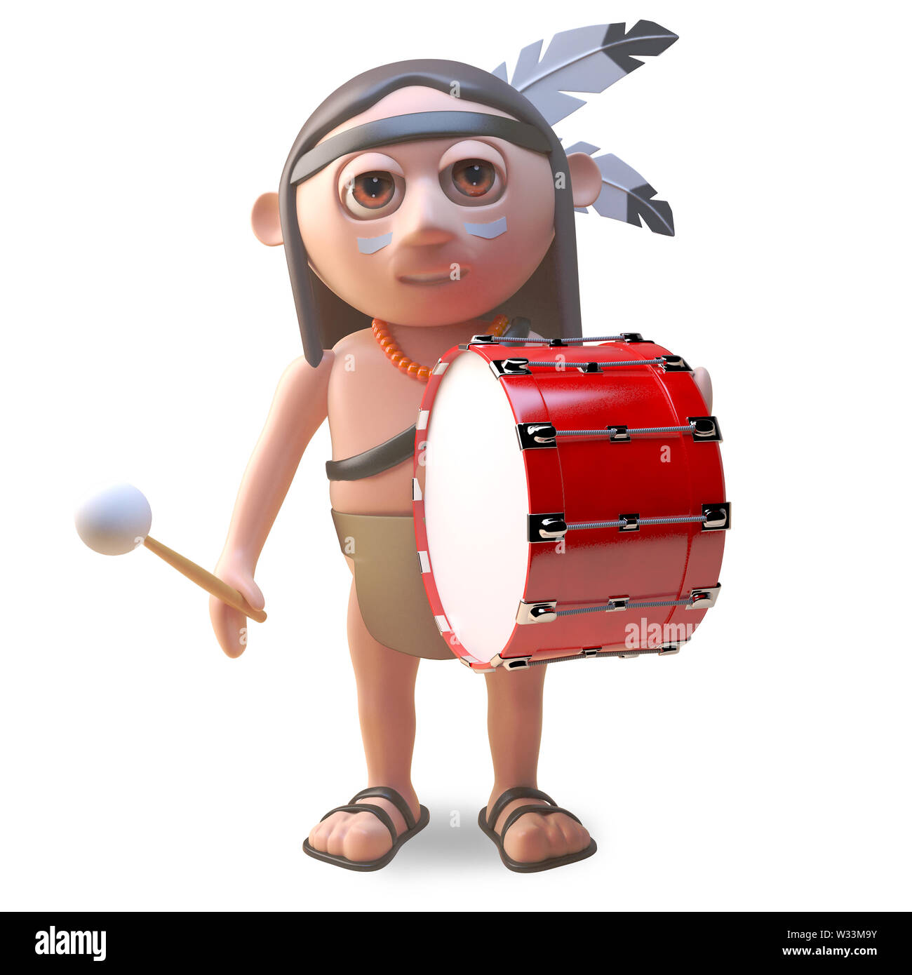 Musical native American Indian beats on a bass drum, 3d illustration