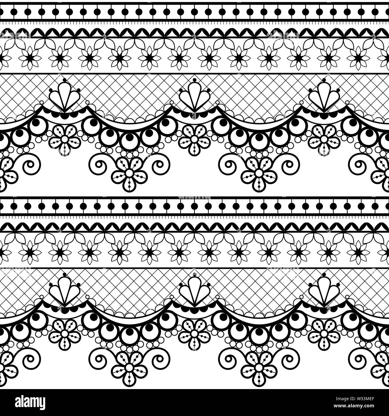 Wedding lace French or English seamless pattern set, black ornamental repetitive design with flowers - textile design Stock Vector