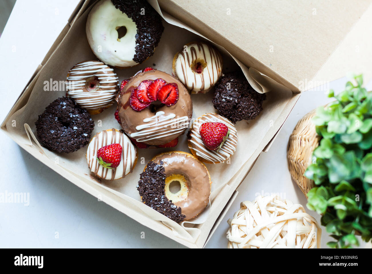 Colorful donuts in box Stock Photo