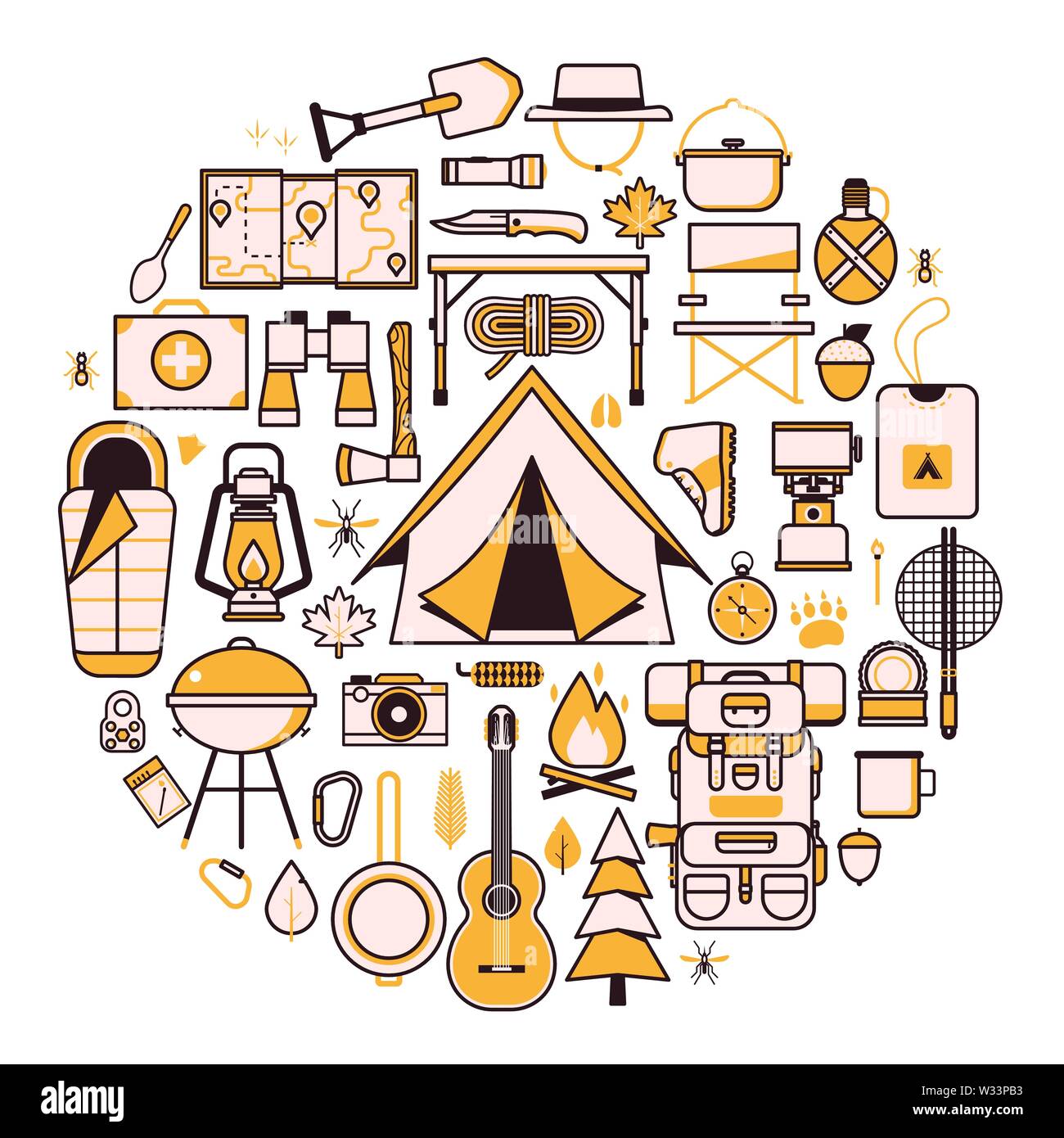 Camping and Hiking Wanderlust Icons Print Template Stock Vector Image ...