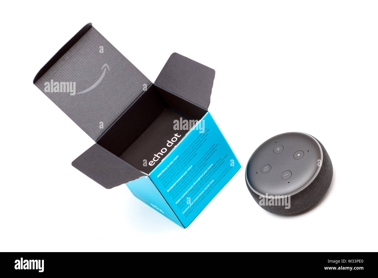 Echo Dot (3rd Gen) - Smart speaker with Alexa - Charcoal Fabric Stock Photo