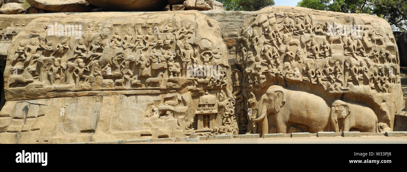 Ancient monument Descent of the Ganges, Mahabalipuram, Tamil Nadu Stock