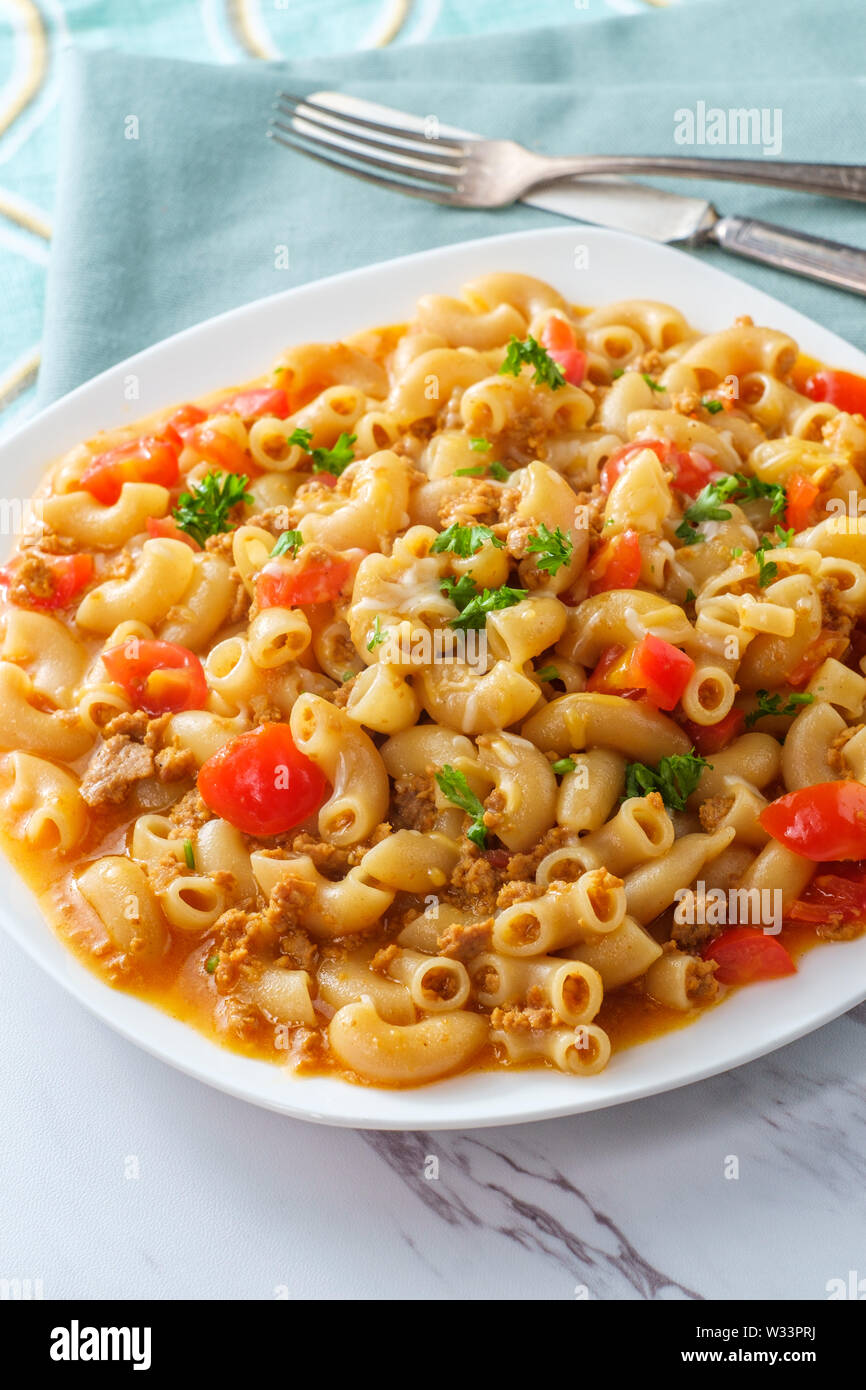American goulash one pot meal cheesy beef and macaroni pasta Stock