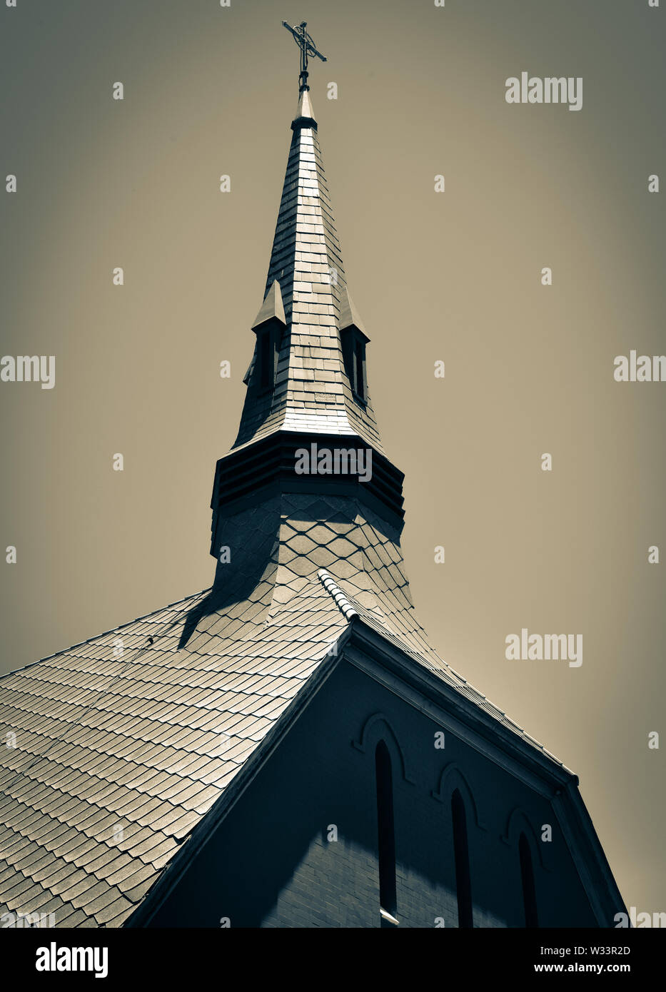 Close up of The impressive Convenant Presbyterian Church with it's brick construction and tall steeple in the old mining town of Bisbee, AZ, USA, Stock Photo