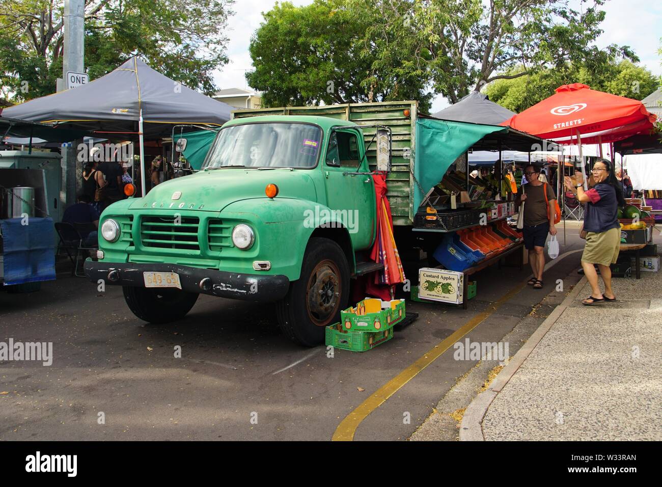 Green Truck converted to a Fruit and Vegetable Stall Stock Photo
