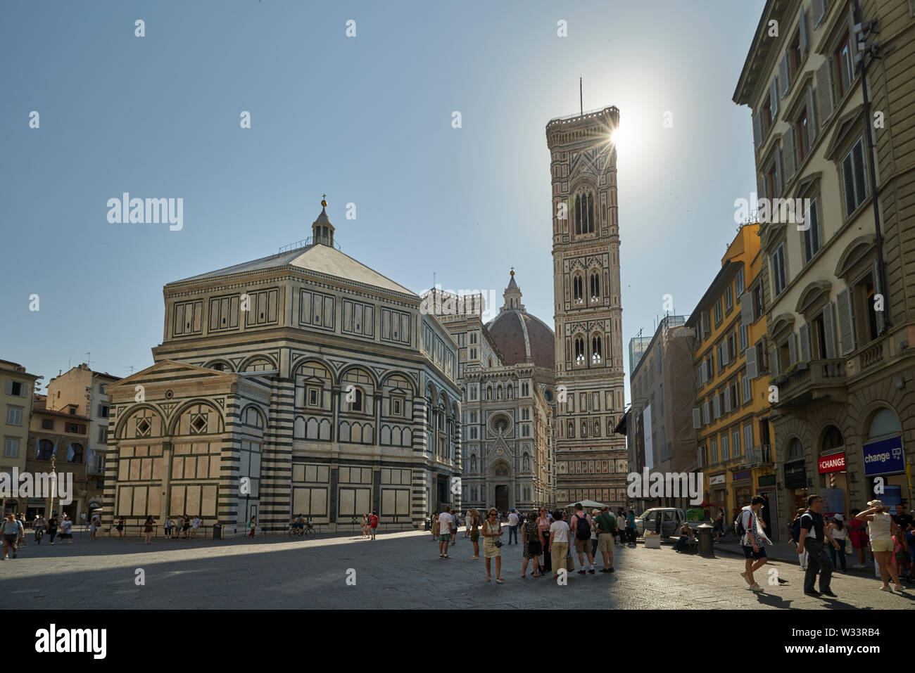 Florence Cathedral (Cattedrale di Santa Maria del Fiore) back lit by the early morning summer sun. Stock Photo