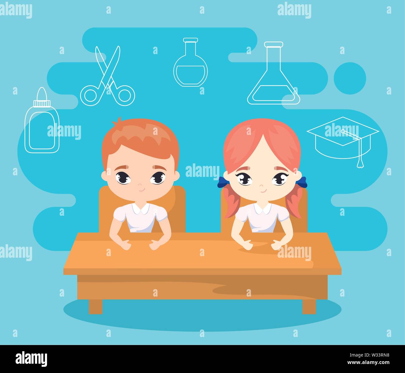 little students seated in school desk with supplies education vector illustration design Stock Vector
