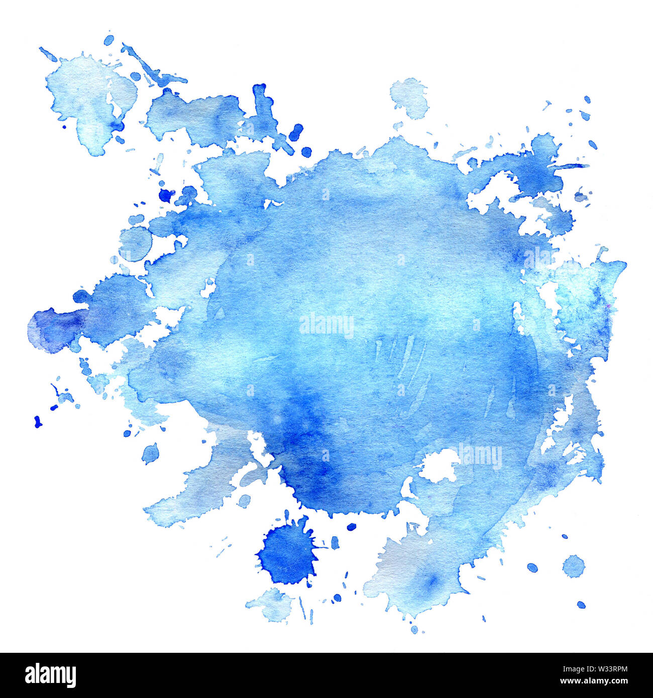 Watercolor blot of blue with splashes and stains. Isolated blue blot on white background. Drawn by hand. Stock Photo