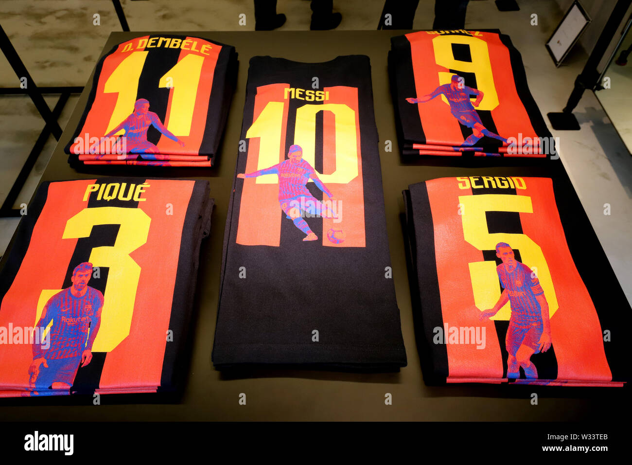 Tokyo, Japan. 12th July, 2019. Special tee-shirts are displayed at a pop-up  store of the FC Barcelona goods "Barca Japan Tour 2019 official store" at a  press preview at Harajuku in Tokyo