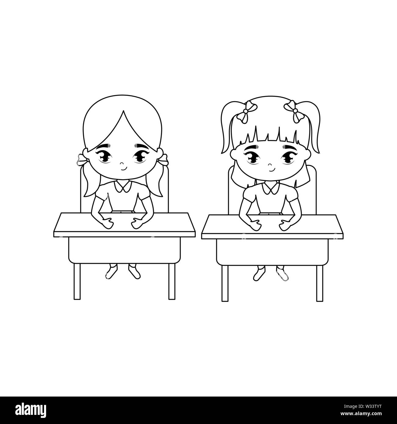 Little Student Girls Seated In School Desks Vector Illustration