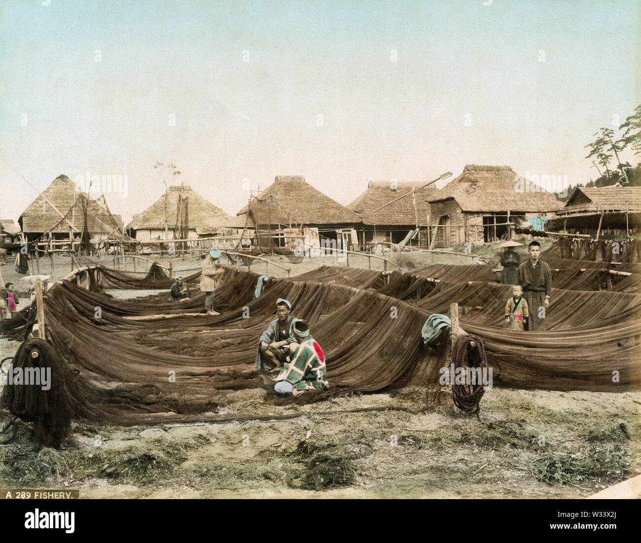 [ 1890s Japan Japanese Fishermen Mending Nets ] — Fishermen are