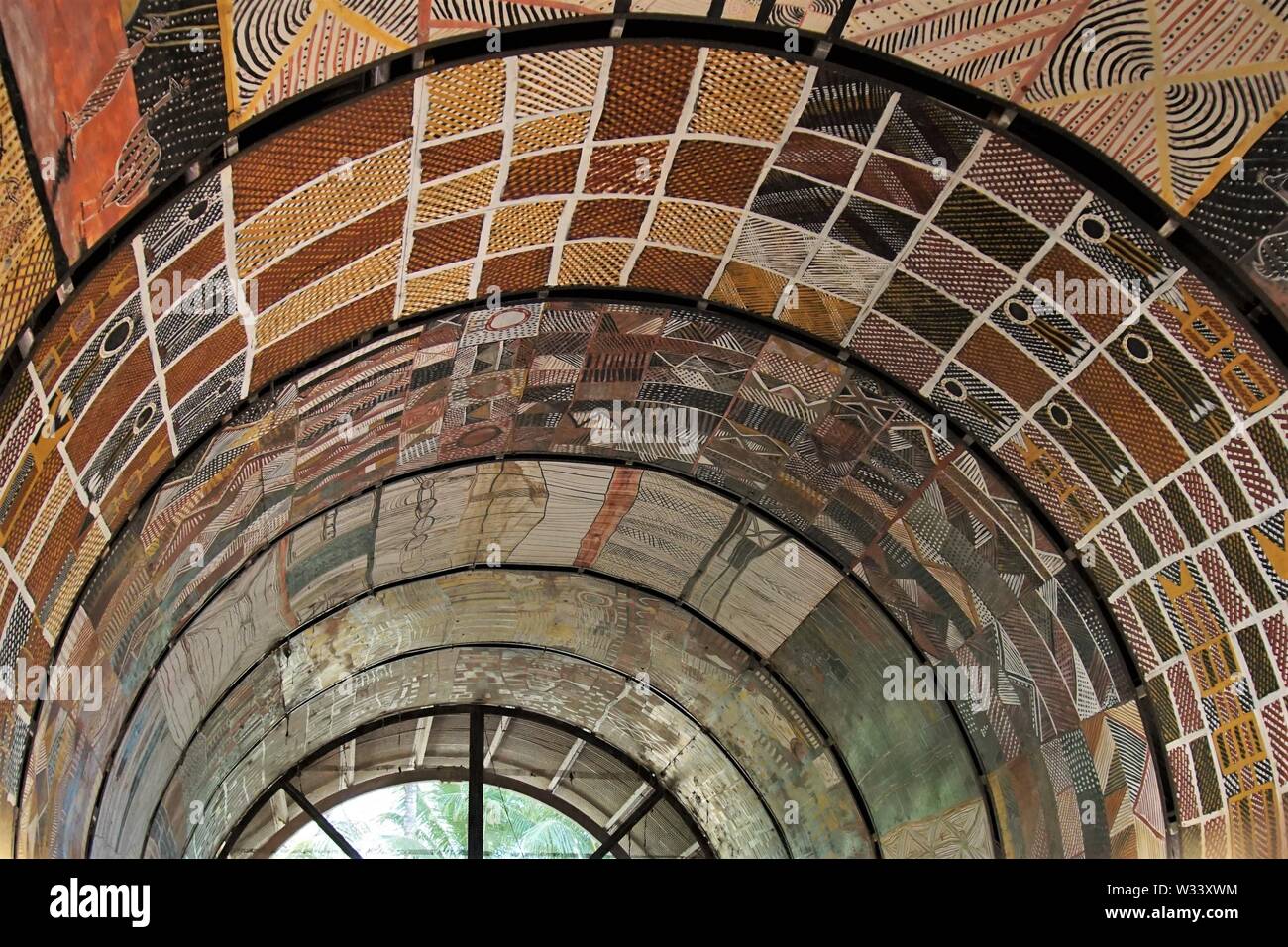 Interior View of the Domed Ceiling of The Keeping Place decorated with Traditional Tiwi Islands Art Stock Photo