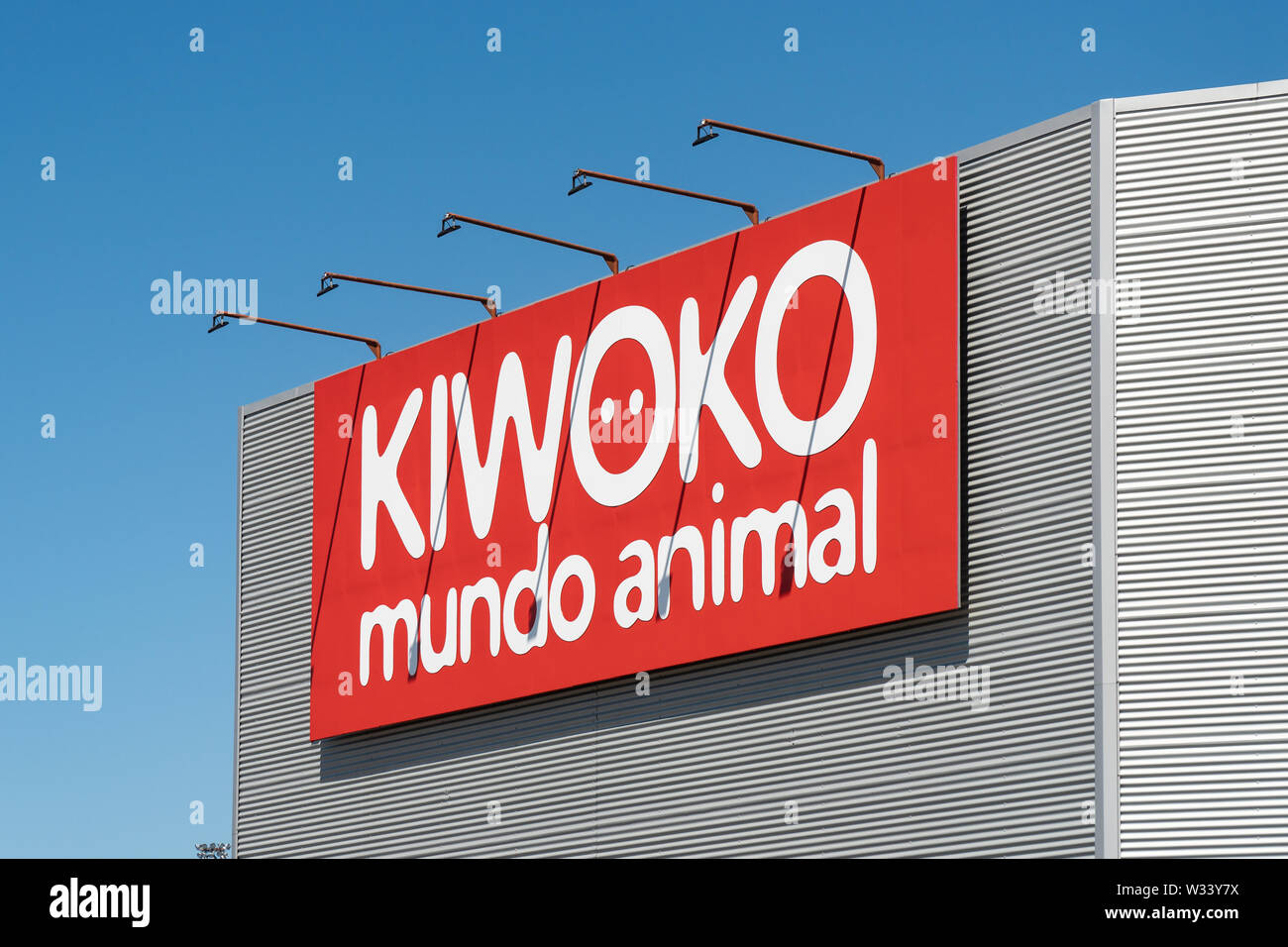 Santiago de Compotela, Spain; july 11 2019: Kiwoko sign on facade. Kiwoko is a spanish pet retailer Stock Photo