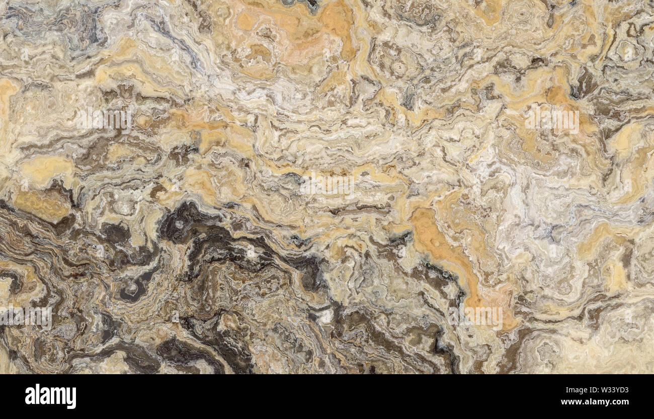 Yellow marble pattern with black inclusions. Abstract texture and background. 2D illustration Stock Photo