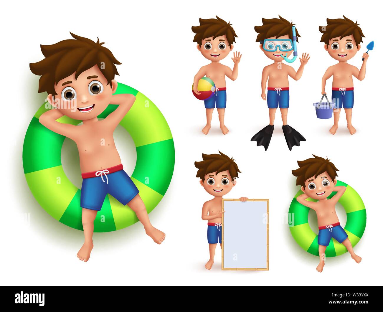 Summer boy kid vector character set. Young kids doing summer outdoor activities like swimming floating in buoy and playing isolated in white Stock Vector Image Art Alamy