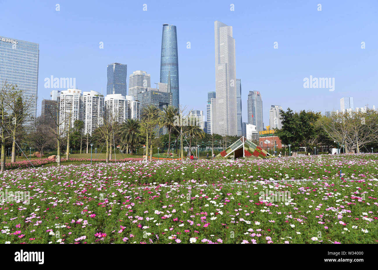 (190712) -- BEIJING, July 12, 2019 (Xinhua) -- Photo taken on March 3, 2019 shows Zhujiang New Town in Guangzhou, capital of south China's Guangdong Province. Located in south China, Guangdong Province faces the South China Sea and borders Hunan and Jiangxi provinces to the north. It boasts the well-known Pearl River Delta, which is composed of three upstream rivers and a large number of islands. Due to the climate, Guangdong is famous for a diversified ecological system and environment. In recent years, by upholding the principle of green development, Guangdong has made remarkable achievem Stock Photo