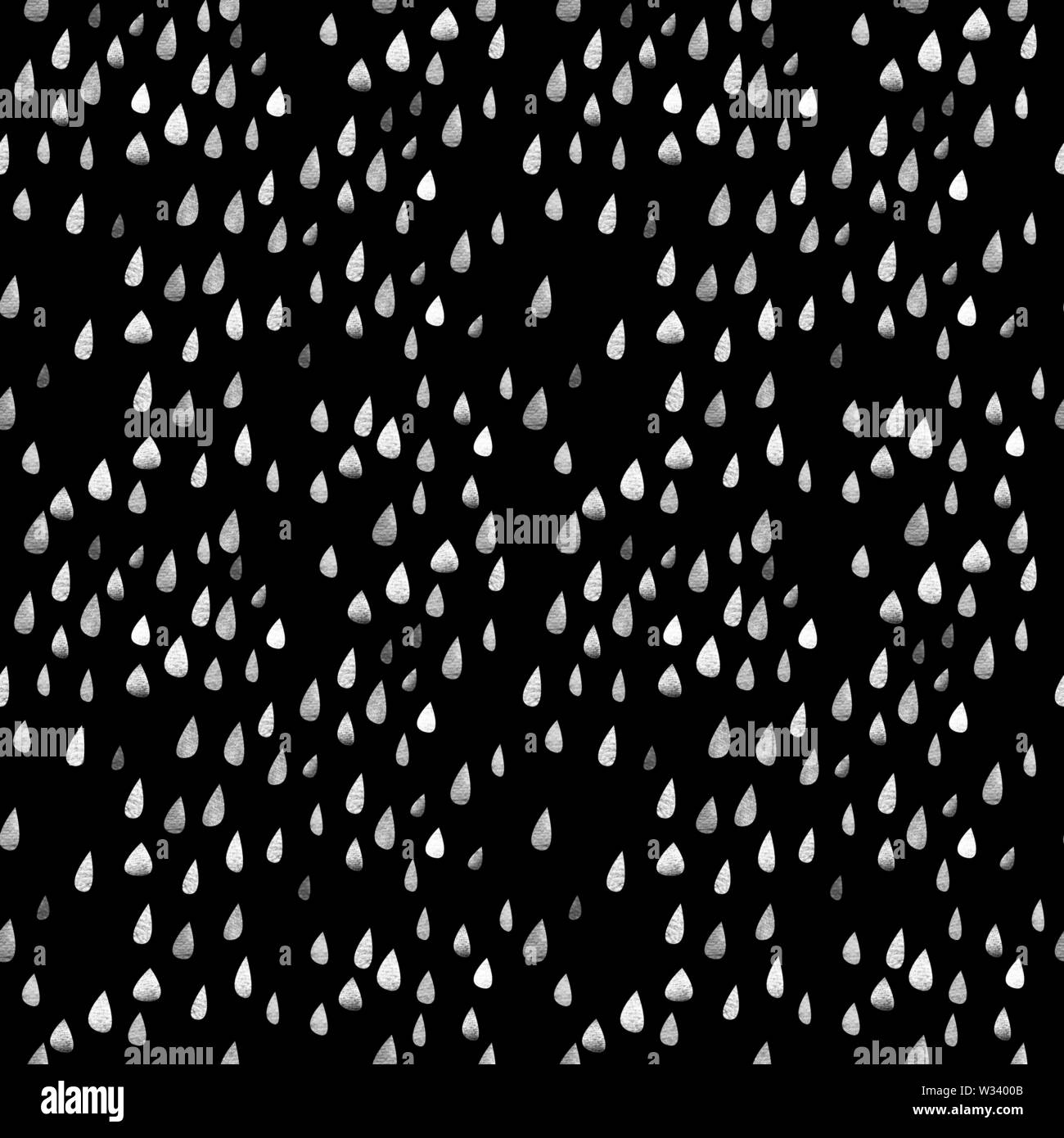 Seamless pattern with large raindrops. Monochrome cartoon rain on a black background. Soft rounded watercolor shapes with paper texture. Black and whi Stock Photo