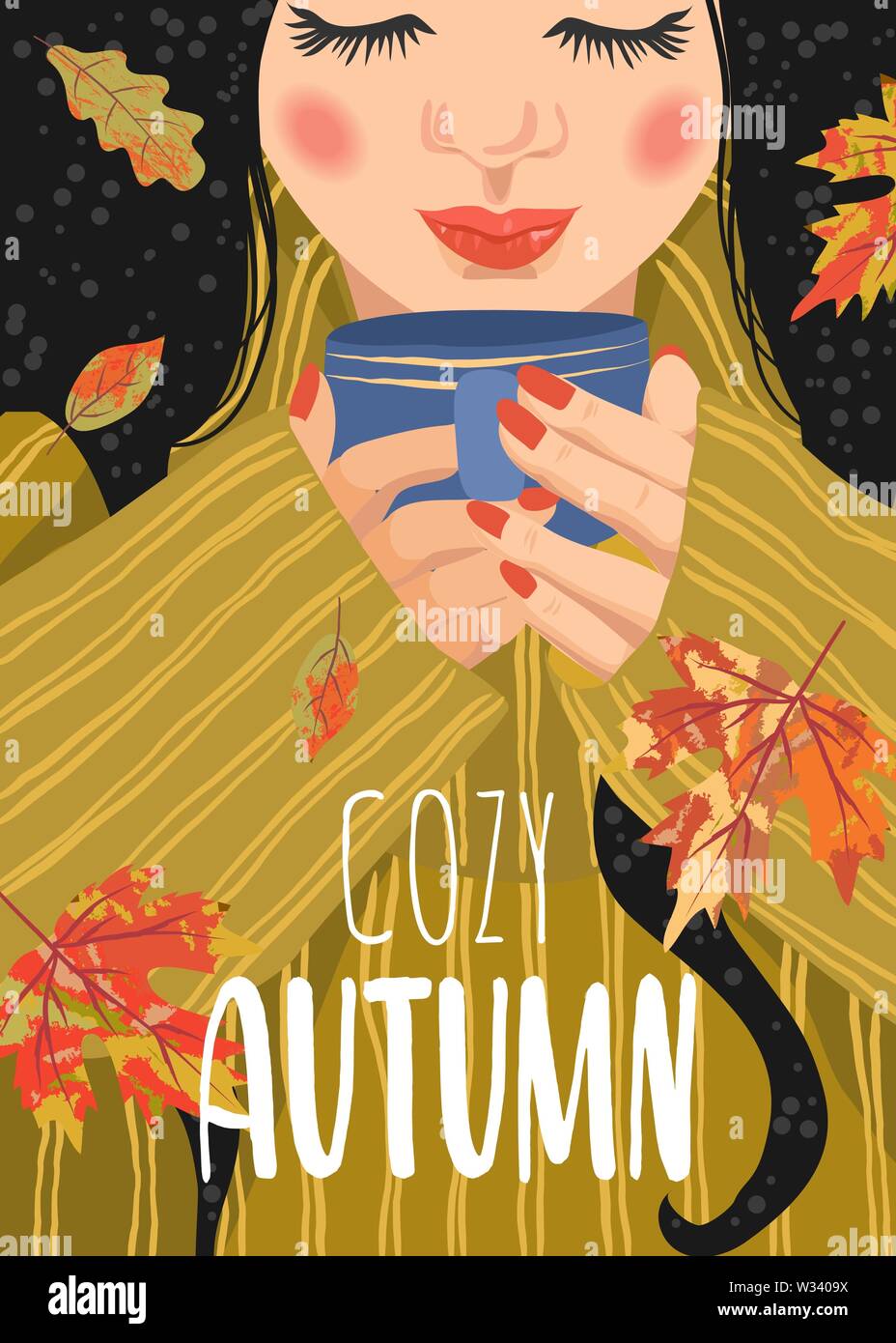 Cozy autumn. Cute flat vector illustration of woman with a cup of tea and falling leaves. Stock Vector