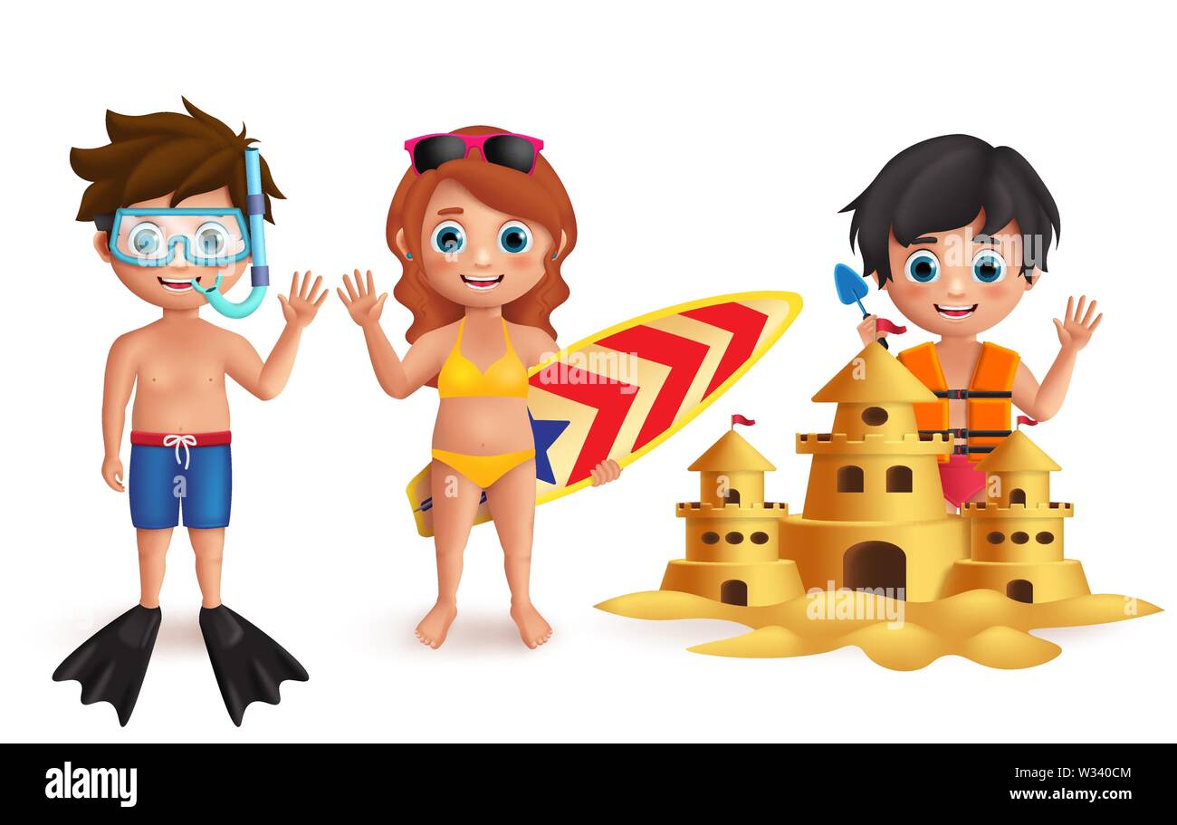 Beach kids vector characters set. Young boys and girl playing sand castle  and doing beach activities like snorkeling and surfing isolated in white  Stock Vector Image & Art - Alamy