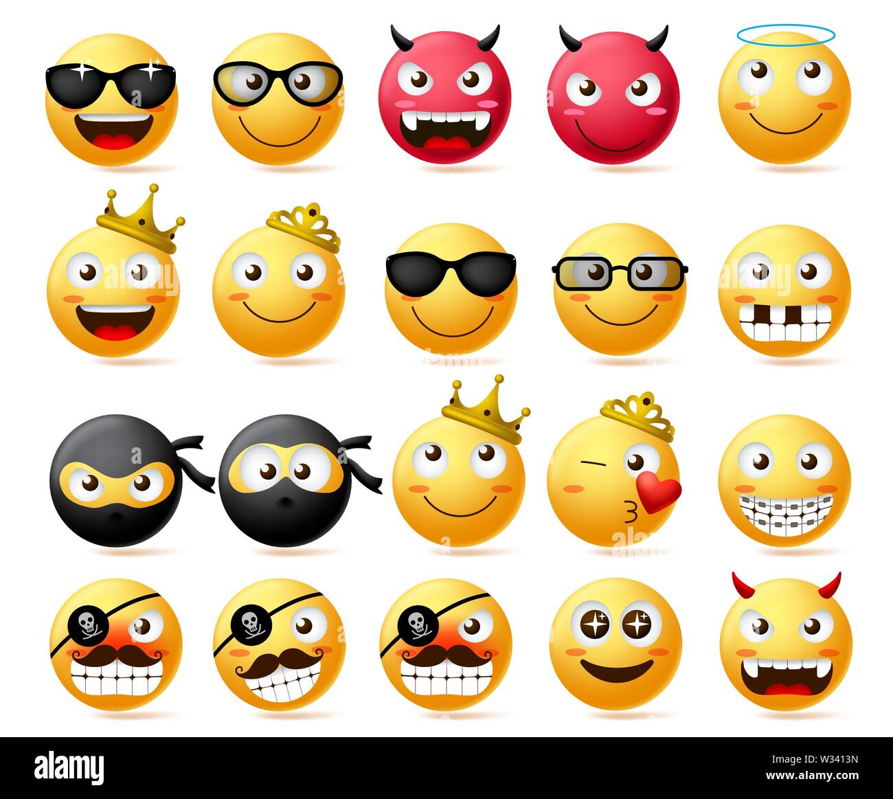 Emoticon vector set. Smiley face and yellow emoji of king and queen wearing crown, ninja and bearded pirate with bad devil smiley face in red isolated Stock Vector