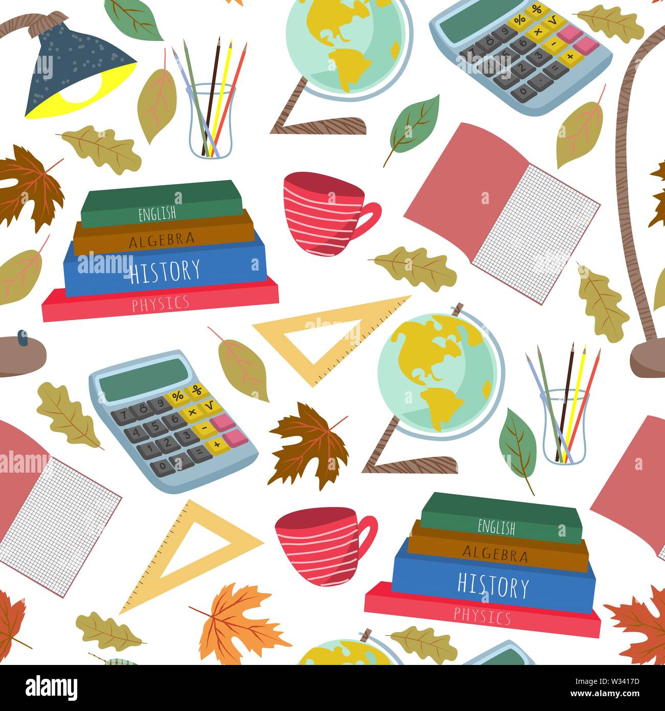 Back to school. Flat vector seamless pattern, freehand with stationery, books and other on a white background Stock Vector