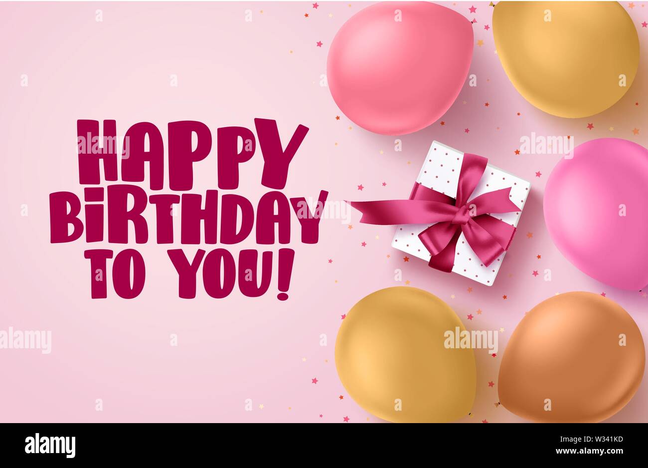 Happy birthday vector banner in pink background. Greetings card with colorful balloons, confetti