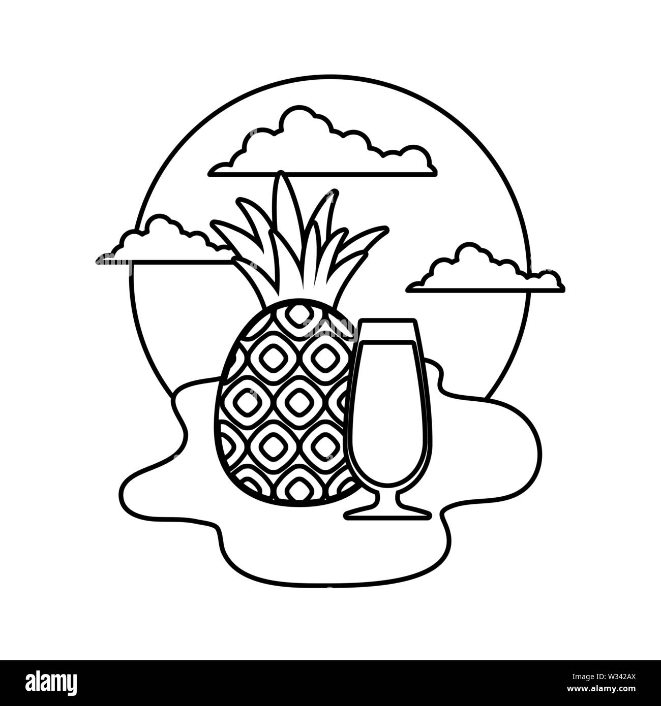 fresh pineapple fruit with juice glass in beach vector illustration ...