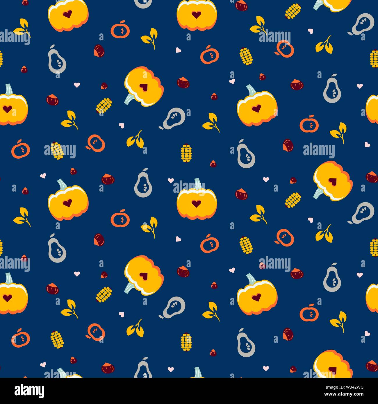 Autumn thanksgiving pattern with pumpkins and corn on blue background. Stock Vector