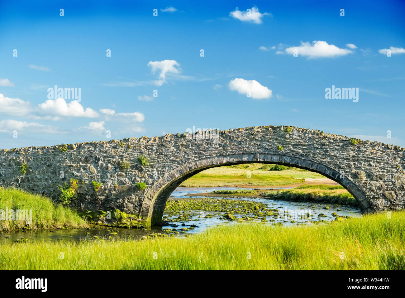 The single arch , humpback bridge at Aberffraw, Anglesey, Wales Stock Photo