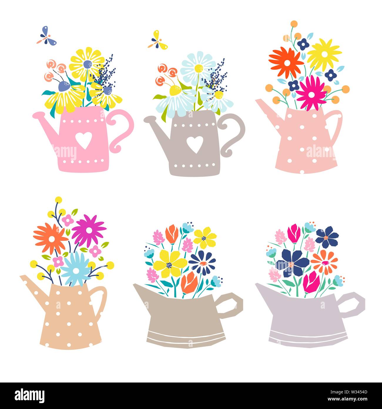 Bouquet of daisy and tulip flowers in a watering can. Cute floral ...
