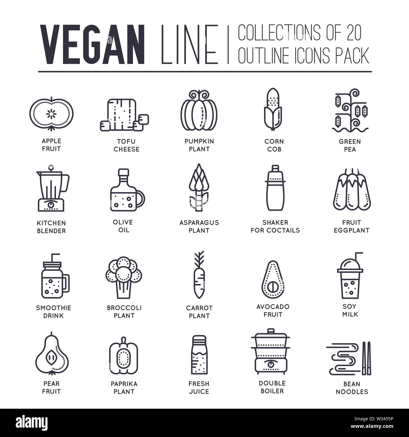 Set Of Vegan Thin Line Icons Logos Isolated On White Background