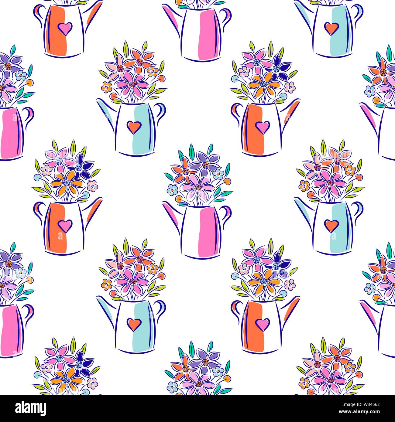 Flowers in watering can bright colors seamless vector pattern Stock ...
