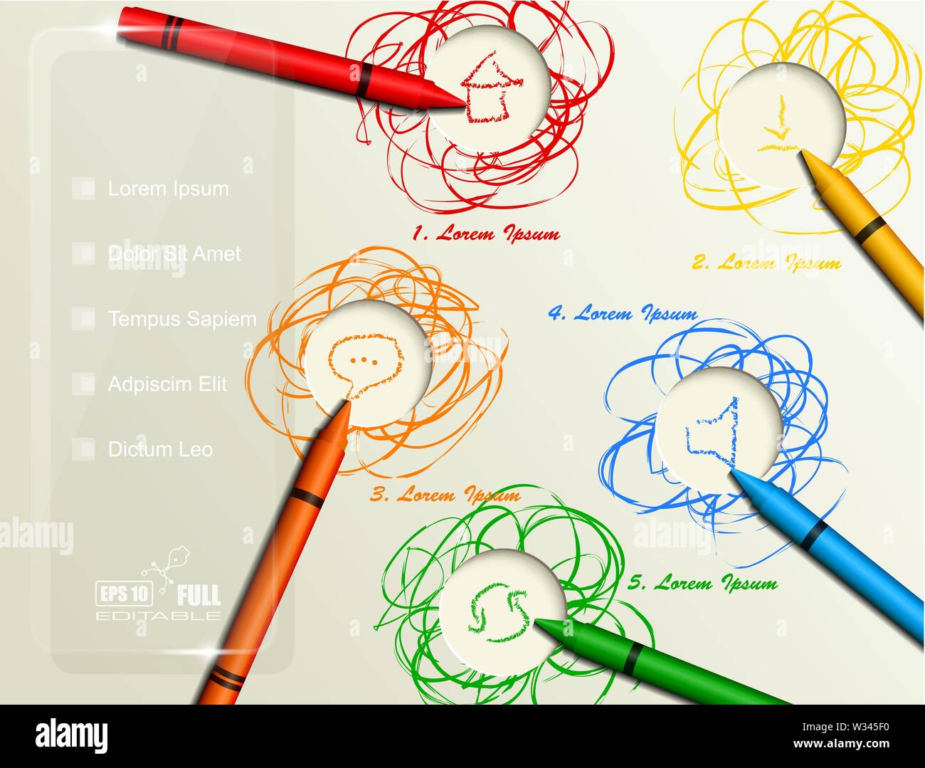 Vector multicolored abstract background with colored realistic crayons and room for text Stock Vector