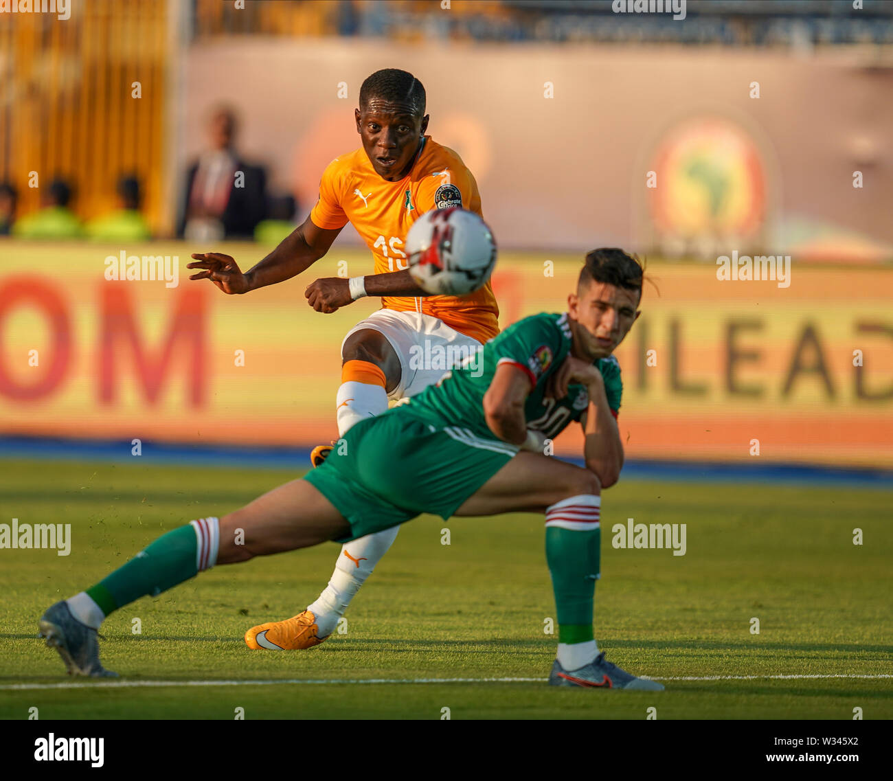 July 11, 2019 - Suez, Ivory coast, Egypt - FRANCE OUT July 11, 2019: Max Alain Gradel of Cote Dâ€™ivoire shooting on goal during the 2019 African Cup of Nations match between Ivory coast and Algeria at the Suez Stadium in Suez, Egypt. Ulrik Pedersen/CSM. Stock Photo