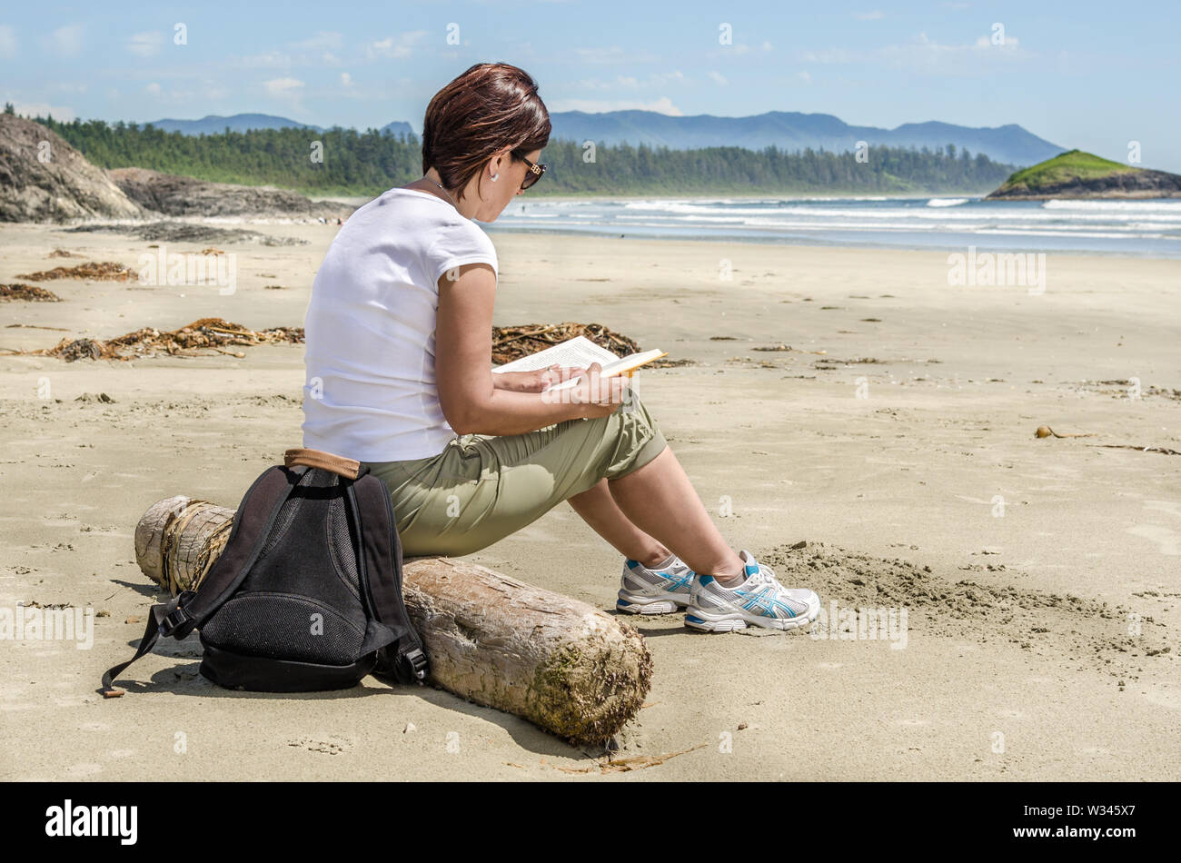 Woman reading a book while sitting on a log on a beautiful sandy beach on a sunny summer day Stock Photo