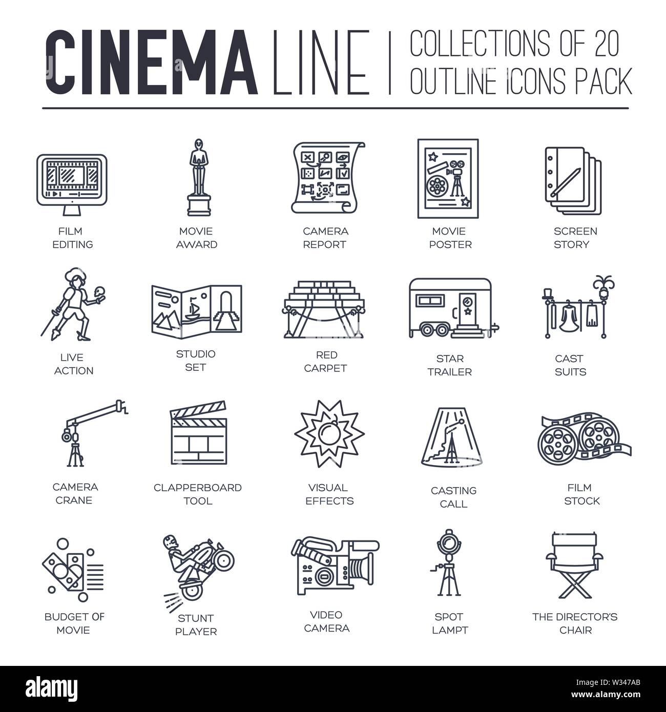 Set of cinema thin line icons, logos isolated on white background. Film ...