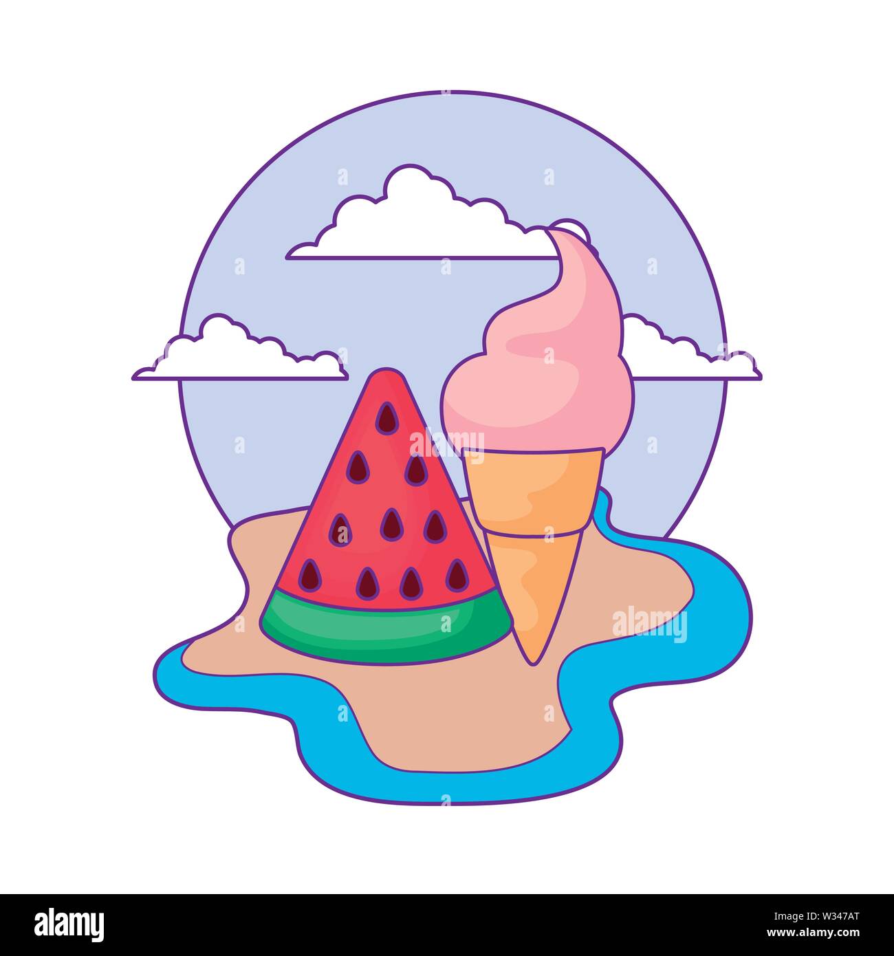 ice cream with watermelon slice in beach vector illustration design ...