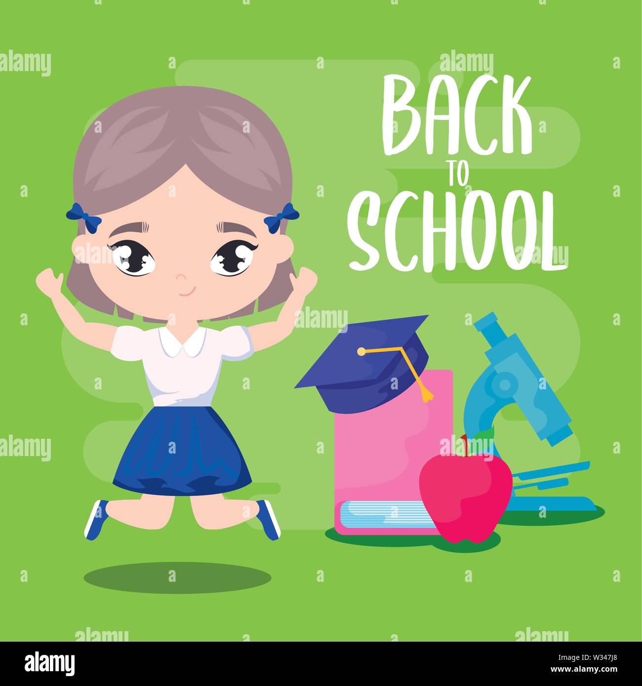 back to school with little student girl and supplies education vector ...