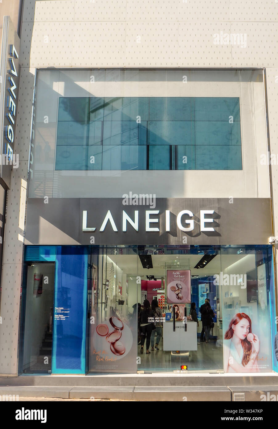 March 2019 - Seoul, South Korea: Store of the South Korean luxury skincare brand Laneige, owned by AMore Pacific, in Myeongdong shopping district Stock Photo