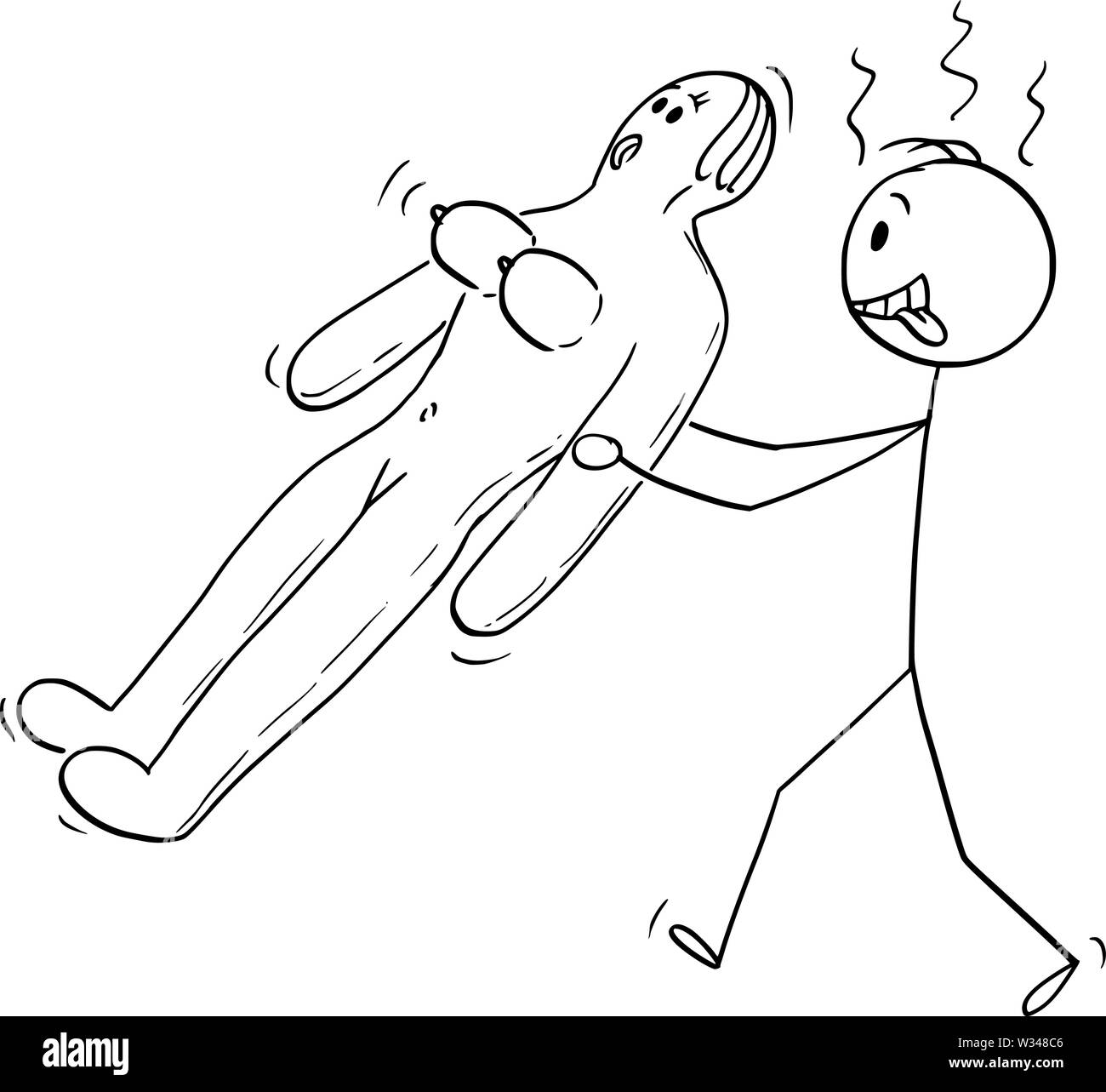 Vector cartoon stick figure drawing conceptual illustration of sex-starved, horny or randy man carrying rubber blow-up sex doll Stock Vector Image and Art  pic