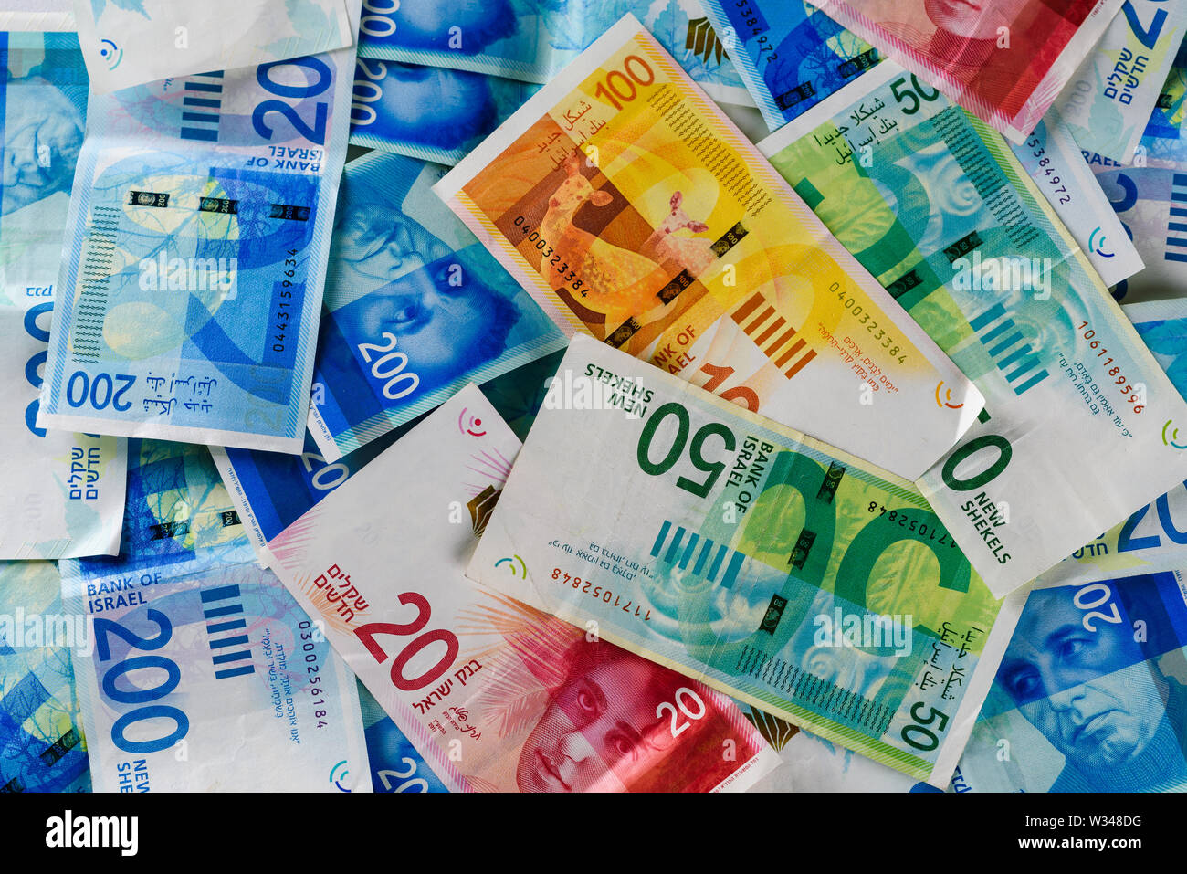 Stack Of Various Israeli Shekel Bills Israel Money Banknotes Of 50 20 100 And 200 Nis New Israeli Shekels Background Top View F Stock Photo Alamy