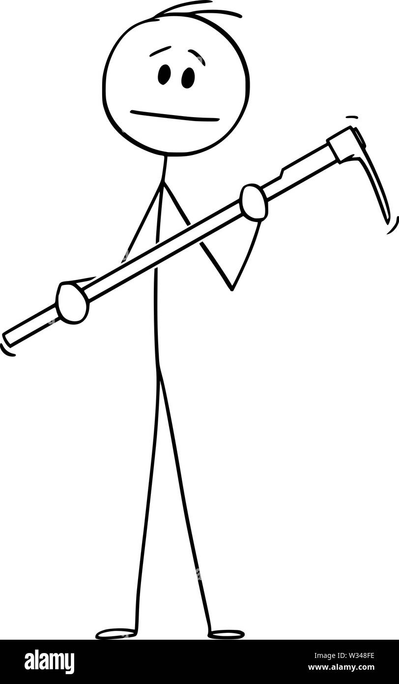 Vector cartoon stick figure drawing conceptual illustration of man or farmer or gardener holding mattock or hoe. Stock Vector