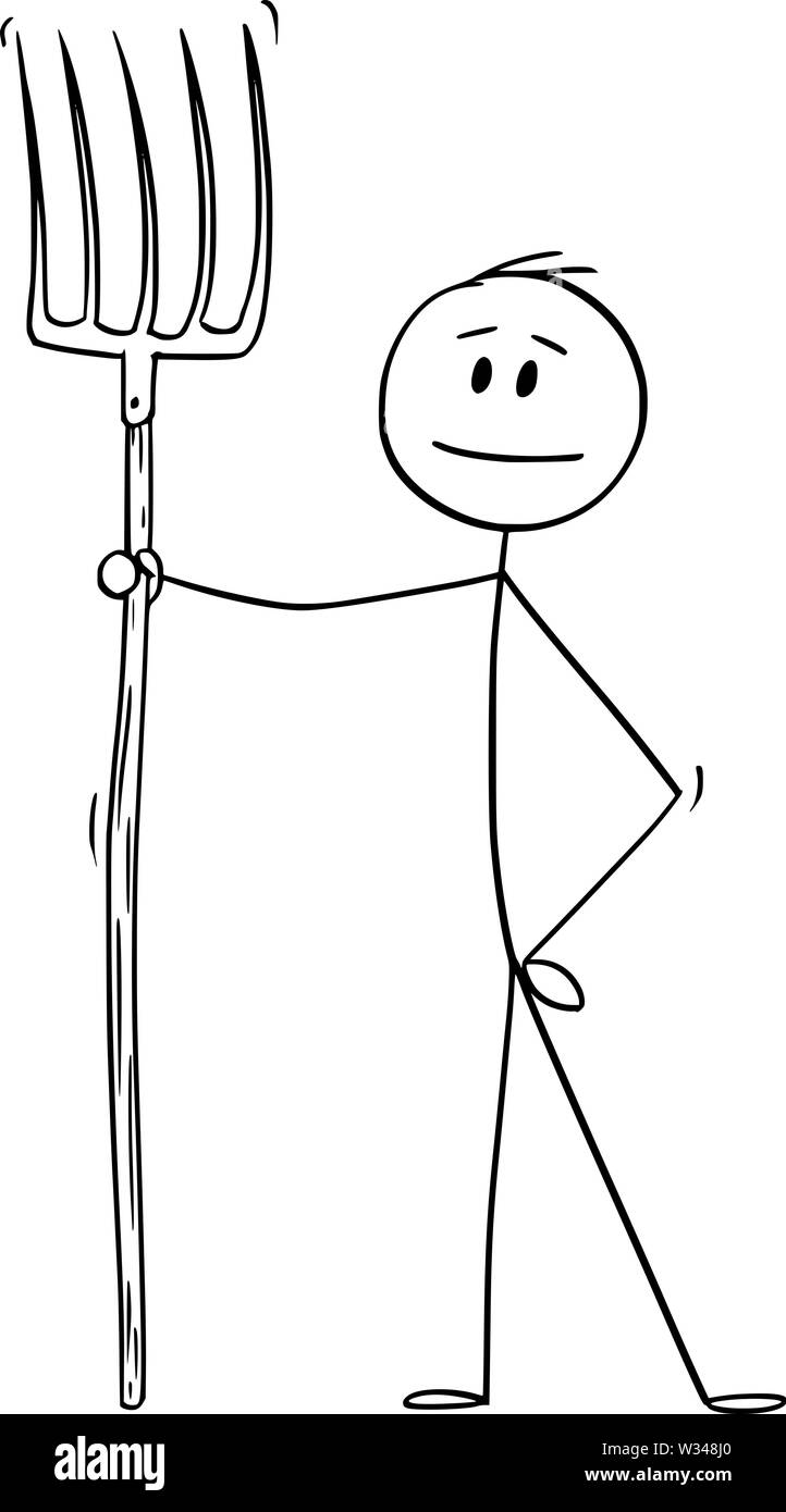 Vector cartoon stick figure drawing conceptual illustration of man or farmer or gardener holding fork or pitchfork. Stock Vector