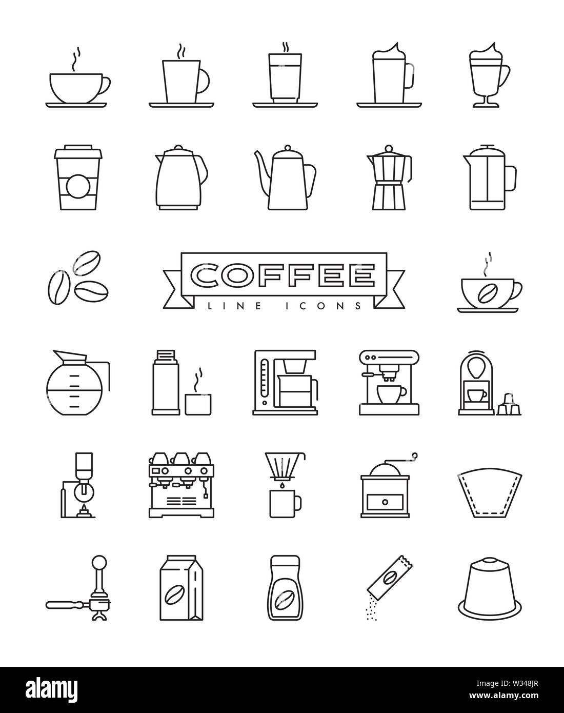 Coffee vector outline icons set. Collection of symbols related to coffee preparation and drinking. Stock Vector